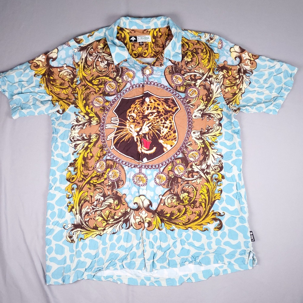 LRG Shirt Mens XL Blue Rayon Lifted Research Group Leopard Baroque Chain Print
